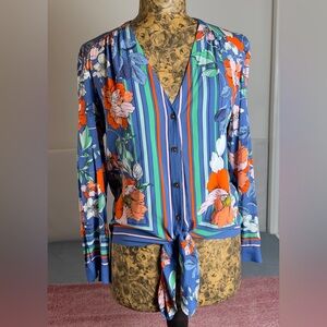 Maeve Blue Floral Stripe Button-Down Tie Front Top